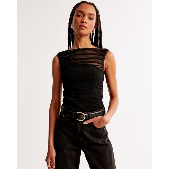 Abercrombie and Fitch NWT Ruched Mesh Boathouse Black Bodysuit, Size Medium - Picture 1 of 13